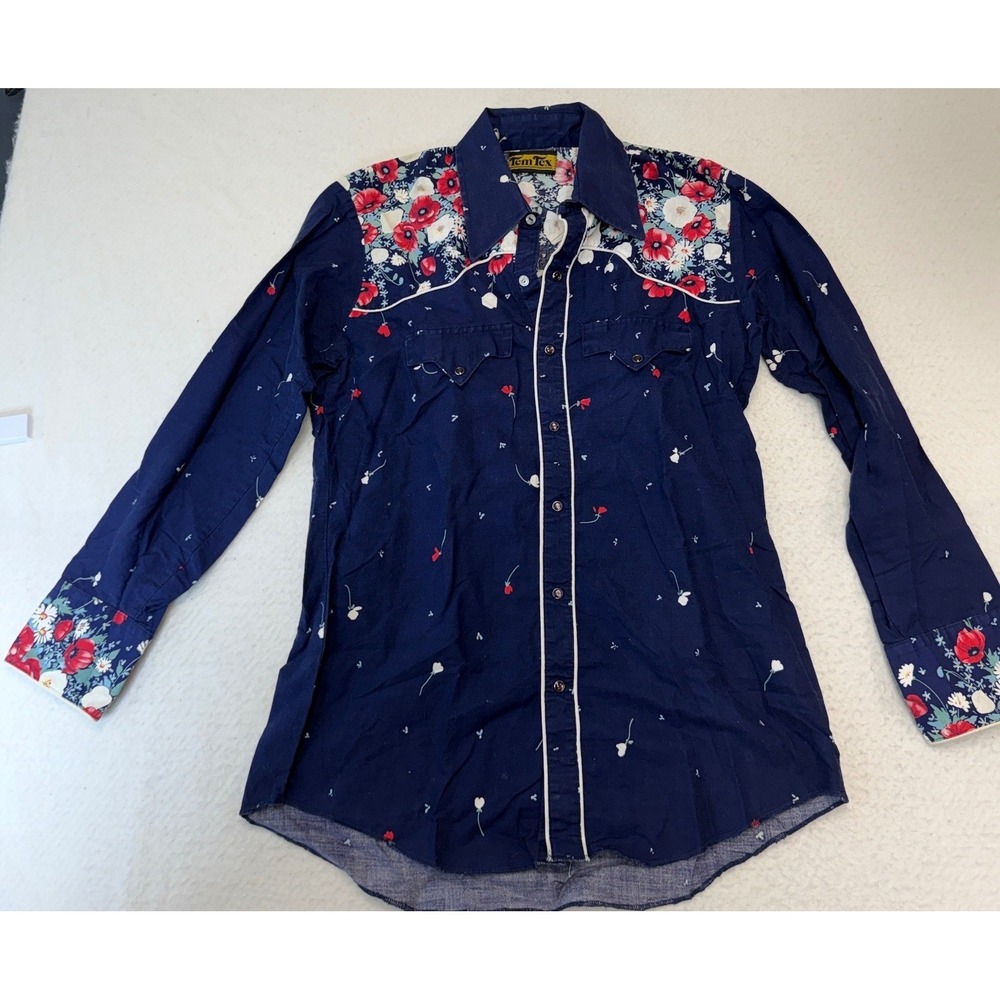 Vintage Tem Tex Mens Navy Blue Floral Yoke Western Pearl Snap Shirt Long Sleeve